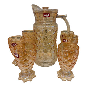 Amber Scalloped Glass Pitcher Set with 6 Matching Star‑Base Cups – Luxury Drinkware