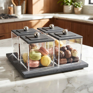4‑Piece Acrylic Storage Box Set – Clear Containers with Black Lids & Gold Sphere Handles