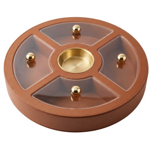 Round Brown Organizer Tray with Transparent Lid – 4 Compartments & Central Gold Bowl