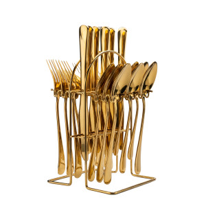 Premium Mirror-Gold Cutlery Set with Arched Wire Hanging Stand