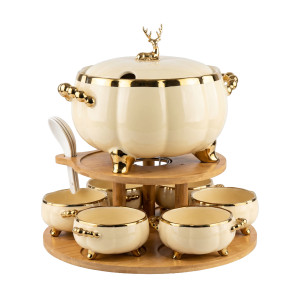 Premium Cream and Gold Scalloped Ceramic Soup Tureen Set with Reindeer Finial and Bamboo Stand
