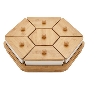Premium Hexagonal Bamboo and White Ceramic 7-Compartment Sectional Serving Set with Lids