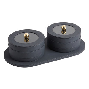 3‑Piece Black Storage Container Set – Two Round Containers with Gold Knobs on Matching Tray