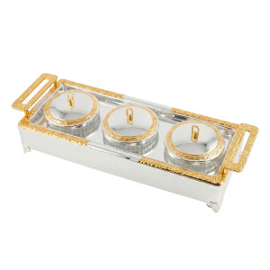 Gold‑Trimmed 3‑Jar Serving Tray Set with Lidded Containers & Decorative Handles