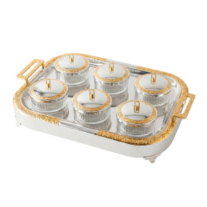 Gold‑Trimmed 6‑Jar Serving Tray Set with Lidded Containers & Decorative Handles
