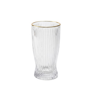6 Clear Glass Cup with Vertical Ridges & Gold Rim – Elegant Drinkware