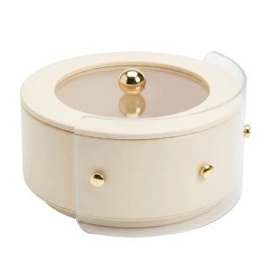 Modern Beige Cylindrical Storage Container with Clear Shield & Gold Sphere Handle