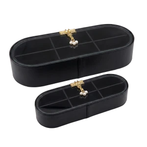 2‑Piece Black Oval Storage Box Set with Clear Lid & Gold Pearl Handle (Large + Small)