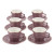 12‑Piece Mauve Ribbed Cup & Saucer Set – Gold Rim Elegant Design