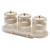 3‑Piece Glass Storage Jar Set – Beige Leather‑Wrapped Jars with Gold Knobs on Decorative Tray