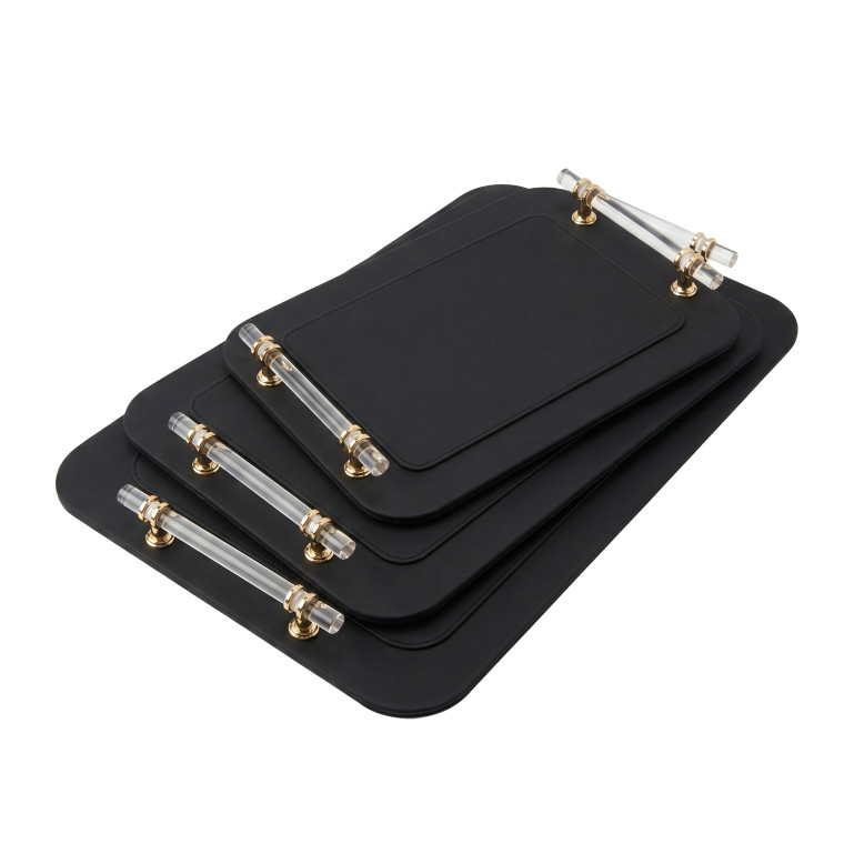 Black Luxury Tray Set – 3‑Piece Matte Serving Trays with Clear Acrylic & Gold Handles