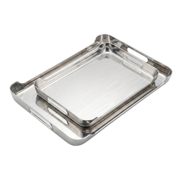Rectangular Silver Tray Set – 2‑Piece Modern Textured Stainless‑Steel Trays with Cut‑Out Handles