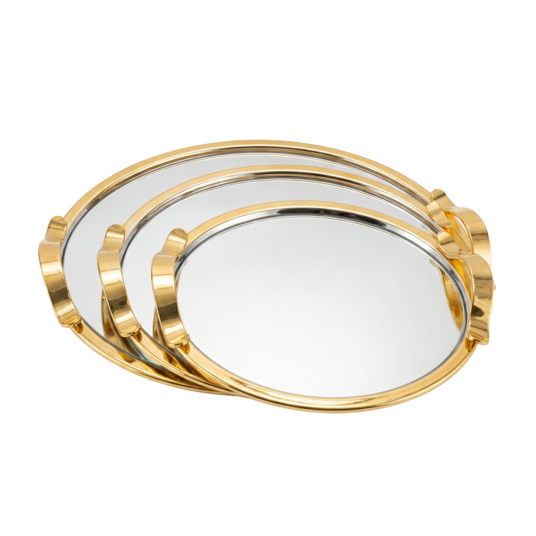 Round Luxury Tray Set – 3‑Piece Mirror‑Finish Silver Trays with Gold Rim