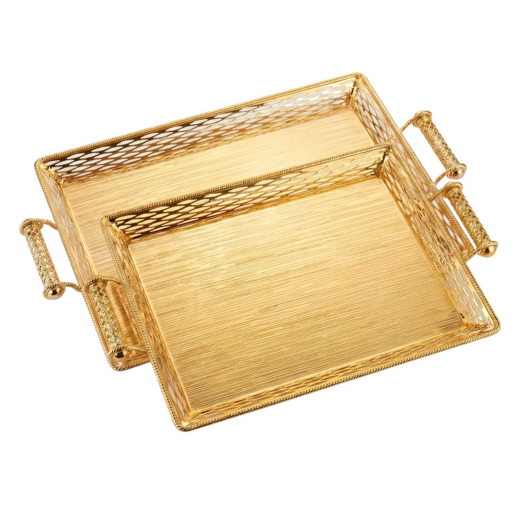 2‑Piece Luxury Serving Tray Set – Ornate Gold Rectangular Trays with Decorative Handles
