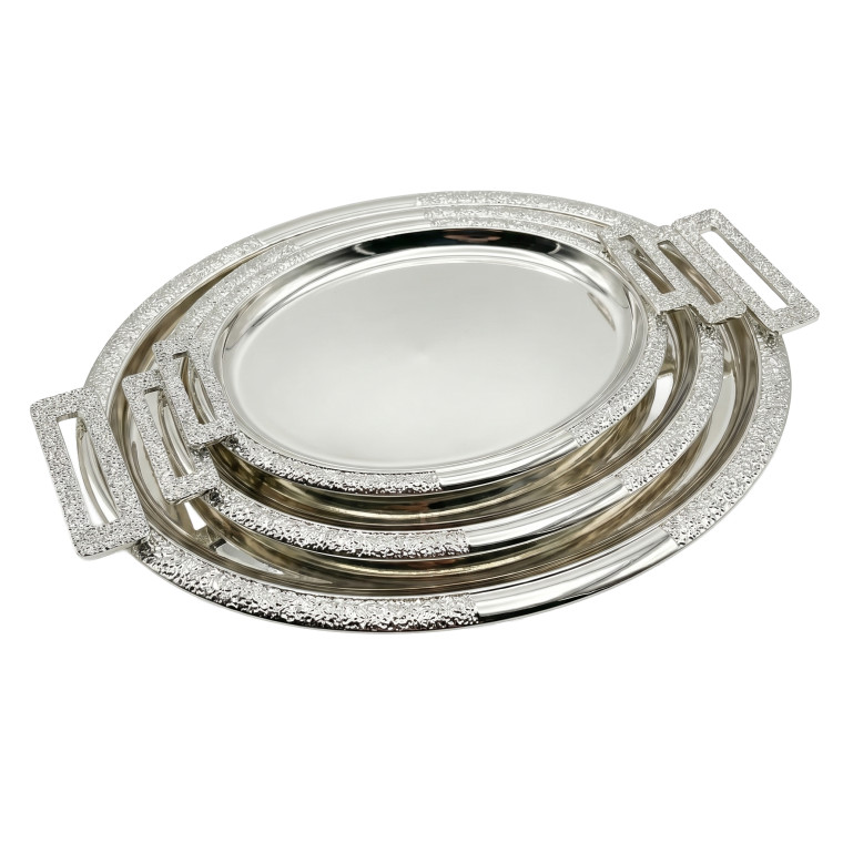 Set of 3 Round Silver Serving Trays – Glitter‑Textured Handles & Polished Finish