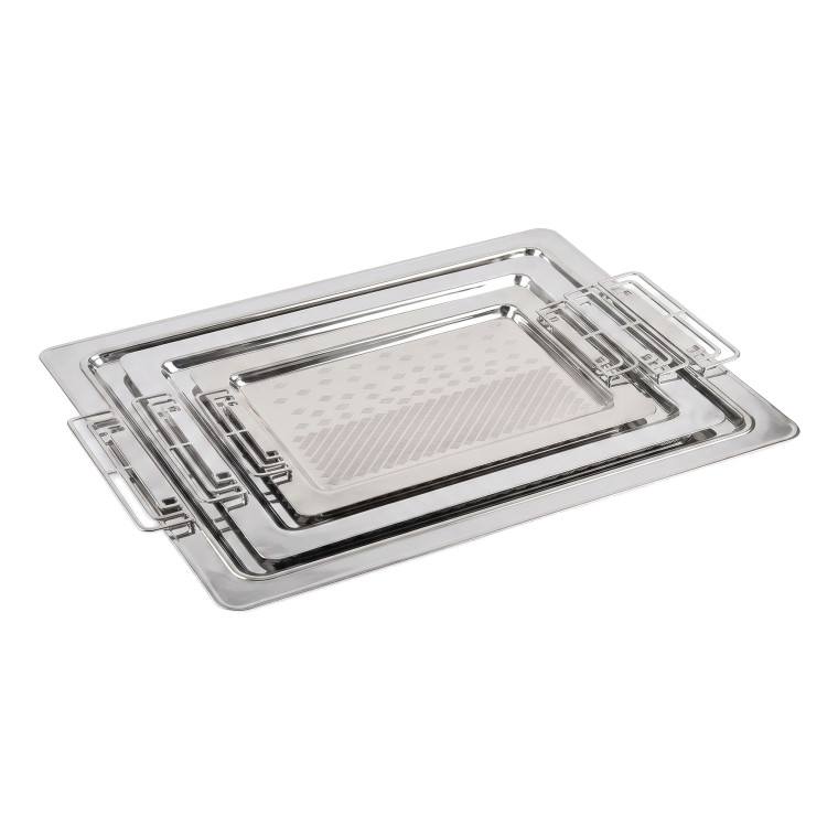 Set of 3 Silver & Gold Geometric Serving Trays – Polished Rectangular Design