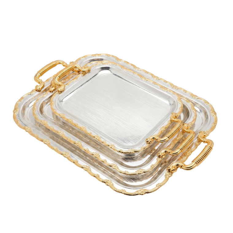Rectangular Luxury Tray Set – 3‑Piece Silver Serving Trays with Ornate Gold Trim & Handles