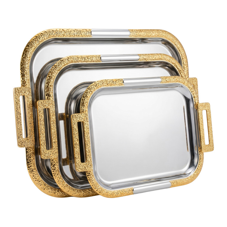 Rectangular Luxury Tray Set – 3‑Piece Silver Serving Trays with Textured Gold Trim & Cut‑Out Handles
