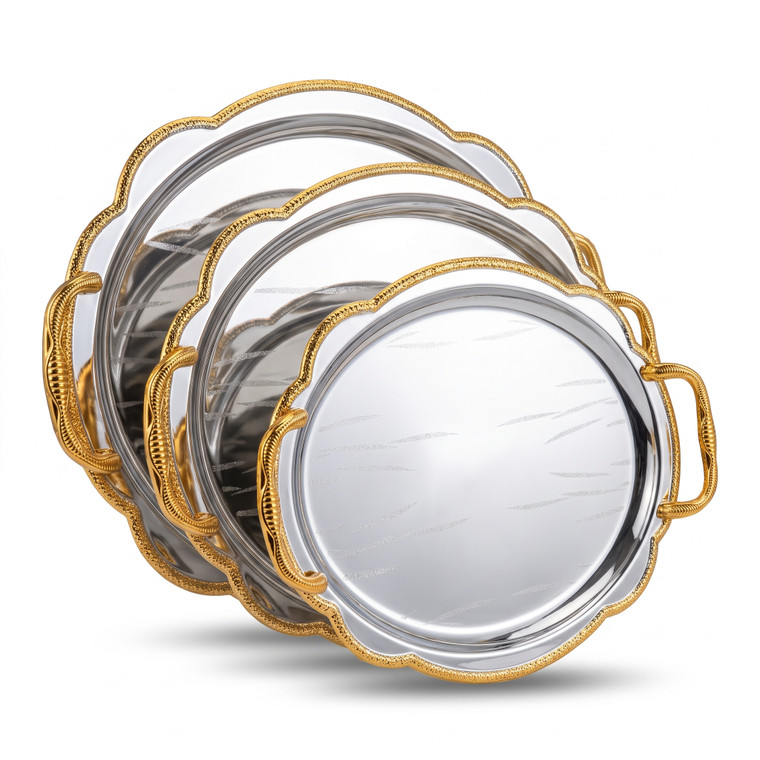 Premium Two-Tone Oval Mirrored Serving Tray Set with Gold Braided Handles and Scalloped Edges