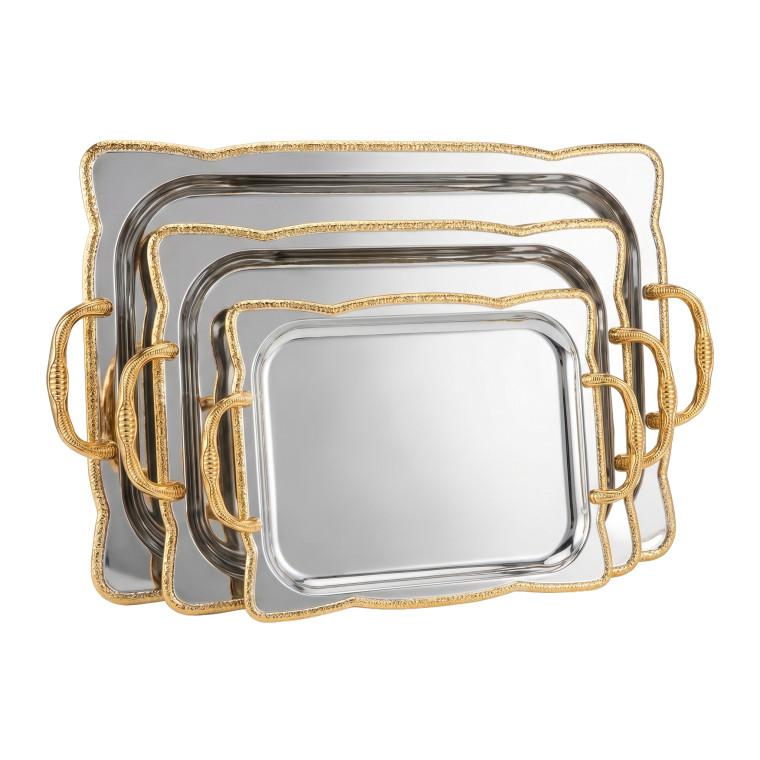 Rectangular Luxury Tray Set – 3‑Piece Silver Serving Trays with Ornate Gold Handles