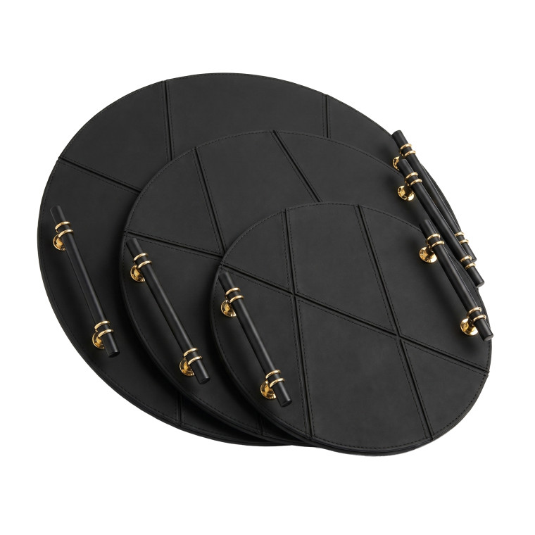 Round Black Luxury Tray Set – 3‑Piece Serving Trays with Black Handles & Gold Accents