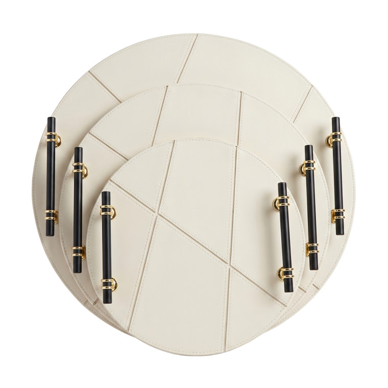Round Luxury Tray Set – 3‑Piece Cream Serving Trays with Black Handles & Gold Accents
