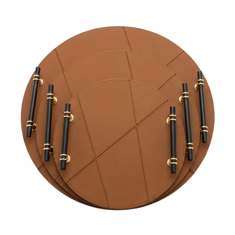 Round Luxury Tray Set – 3‑Piece Brown Serving Trays with Black Handles & Gold Accents