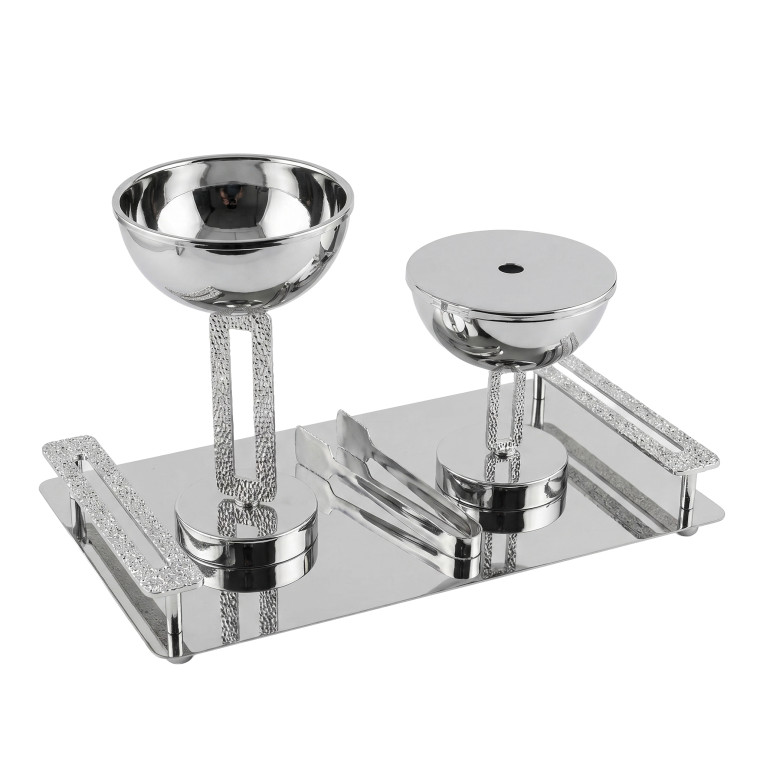 Luxury Silver Serving Set – Two Elevated Bowls with Decorative Tray & Tongs