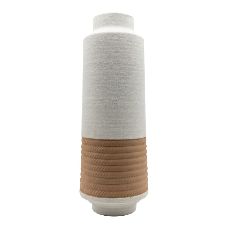 Tall Two‑Tone Ceramic Vase – Matte White Top with Textured Terracotta Base