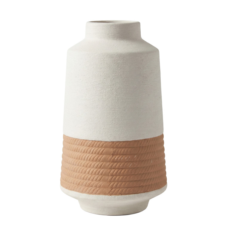 Two‑Tone Ceramic Cylinder Vase – Textured Off‑White Top with Ribbed Terracotta Base