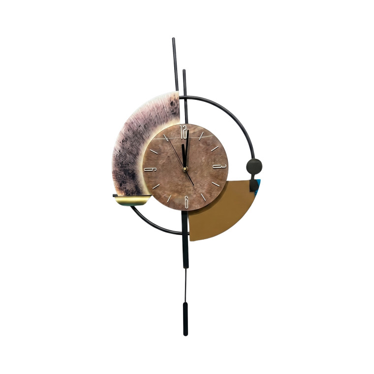 Modern Geometric Wall Clock – Brown Textured Face with Gold & Black Metal Accents