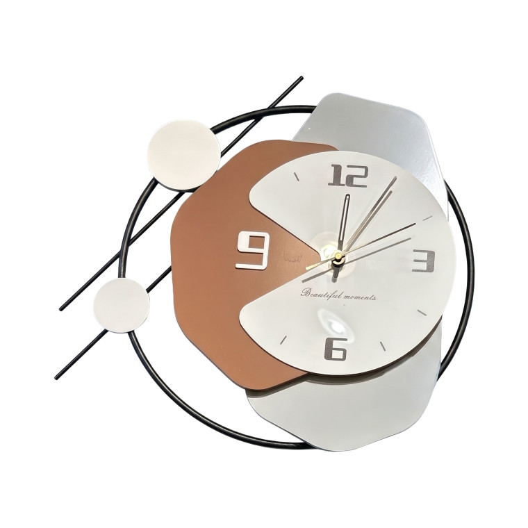 Modern Abstract Wall Clock – Layered Brown, White & Silver Design with Black Circular Frame