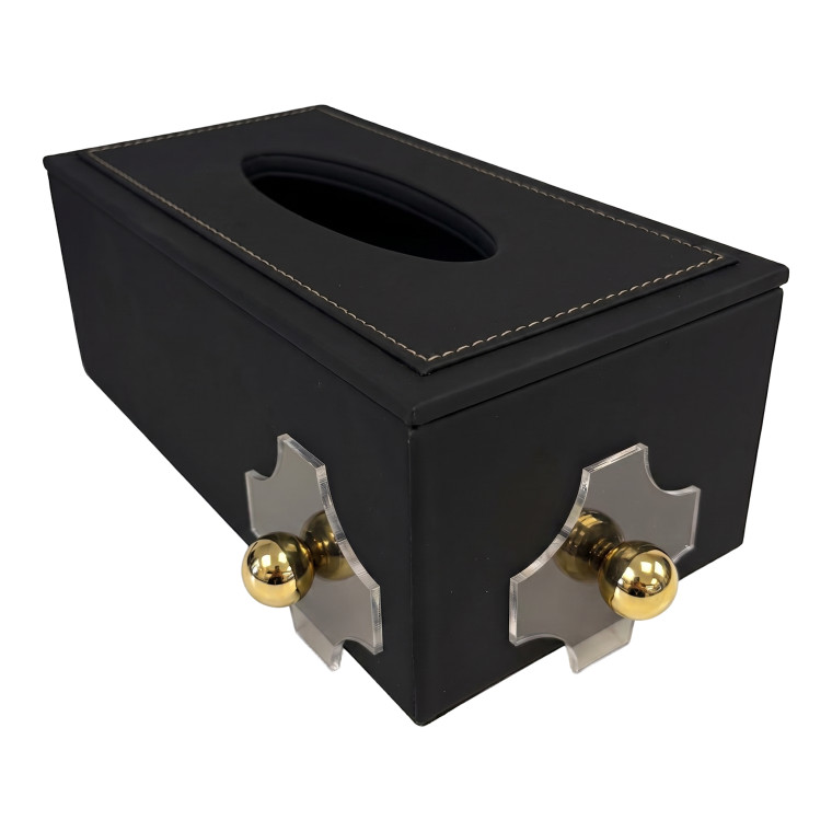 Modern Black Tissue Box Cover – Acrylic Side Mounts with Gold Accents