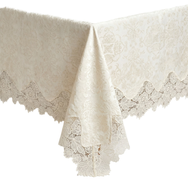 Elegant Cream Lace Tablecloth – Intricate Floral Pattern with Scalloped Edges