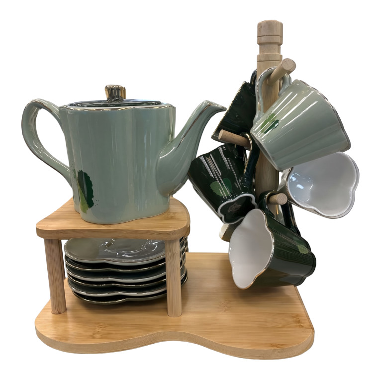 Complete Light‑Green Ceramic Tea Set with Wooden Stand – Gold‑Accented Teapot, Cups & Plates