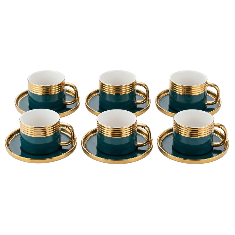 Set of 6 Teal Porcelain Teacups with Matching Saucers – Gold‑Rimmed Luxury Design