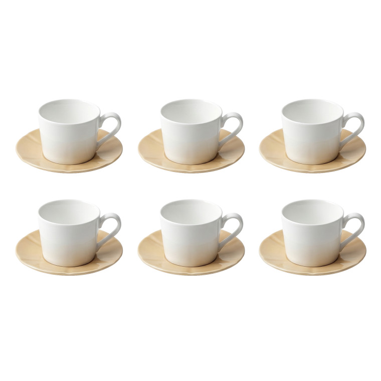 Set of 6 White Ceramic Teacups with Matching Beige Saucers – Minimalist Classic Design