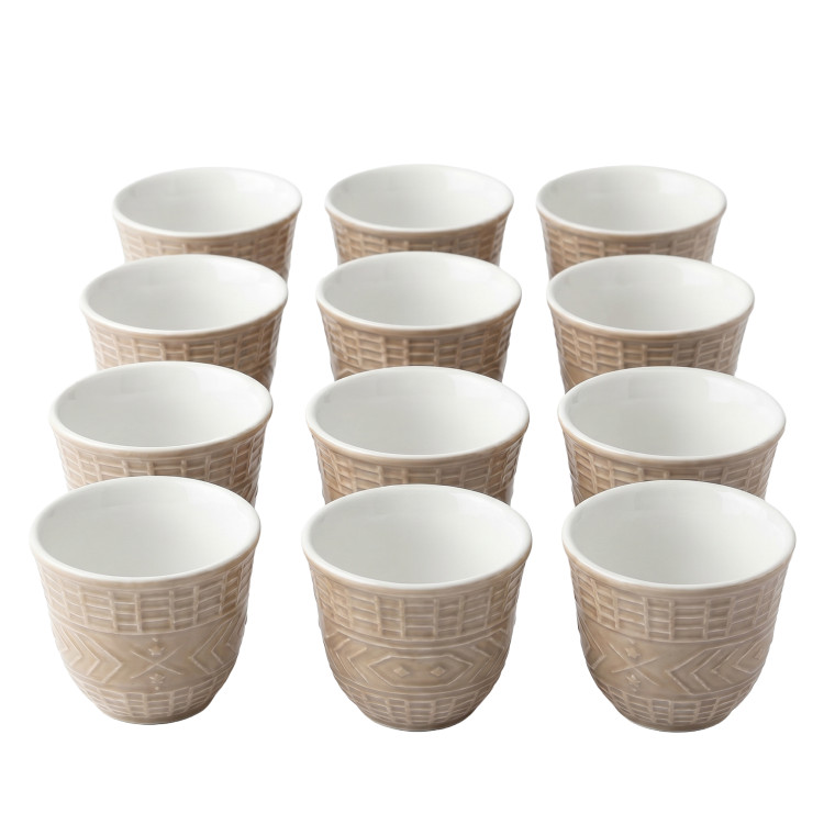 Set of 12 Beige Embossed Ceramic Cups – Modern Textured Design