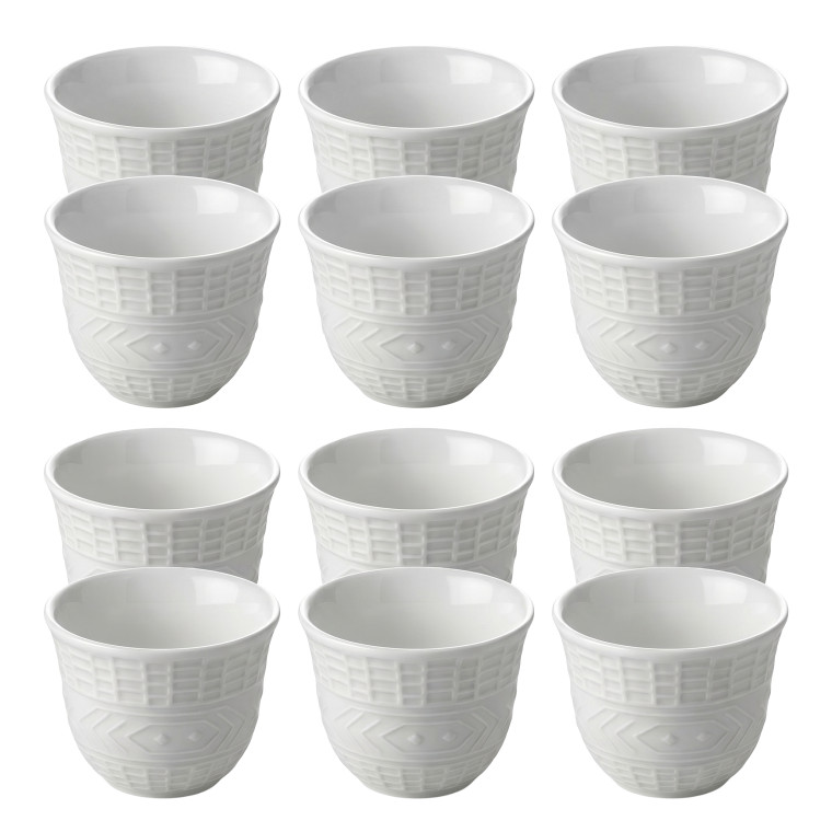 Set of 12 White Embossed Ceramic Cups – Modern Textured Design