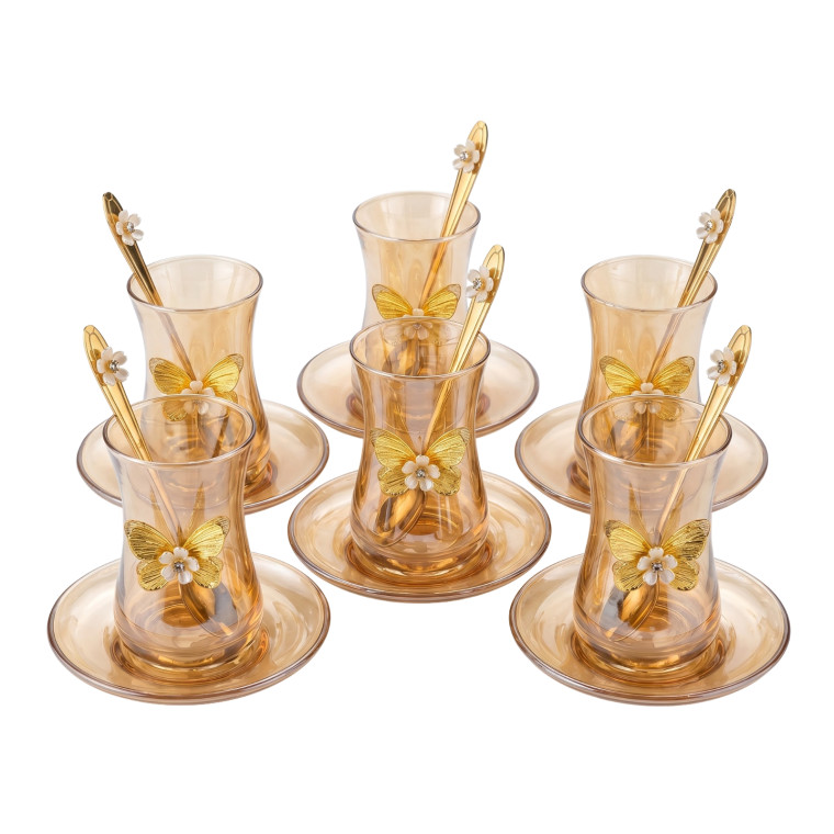 Premium Amber-Tinted Tulip Tea Glass and Saucer Set with 3D Gold Butterfly and Floral Spoons