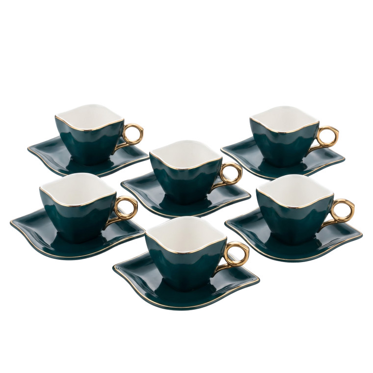 12‑Piece Dark Teal Geometric Cup & Saucer Set – Gold Handle Modern Luxury