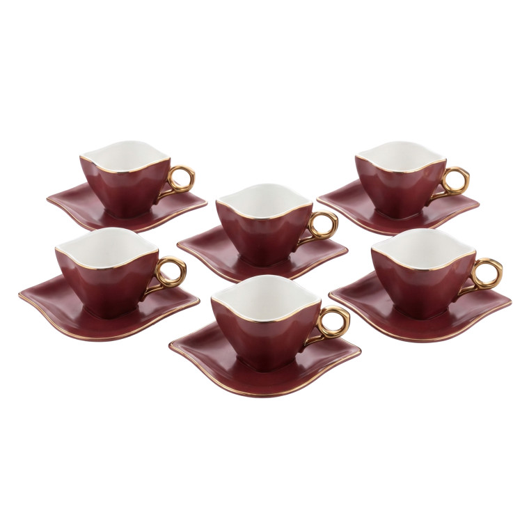 12‑Piece Maroon Geometric Cup & Saucer Set – Gold Handle Modern Luxury