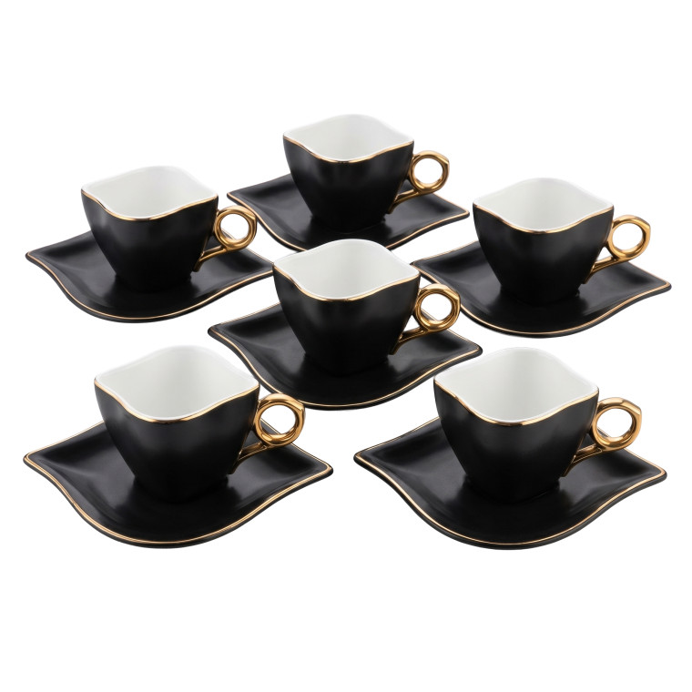 12‑Piece Black Geometric Cup & Saucer Set – Gold Handle Luxury Edition