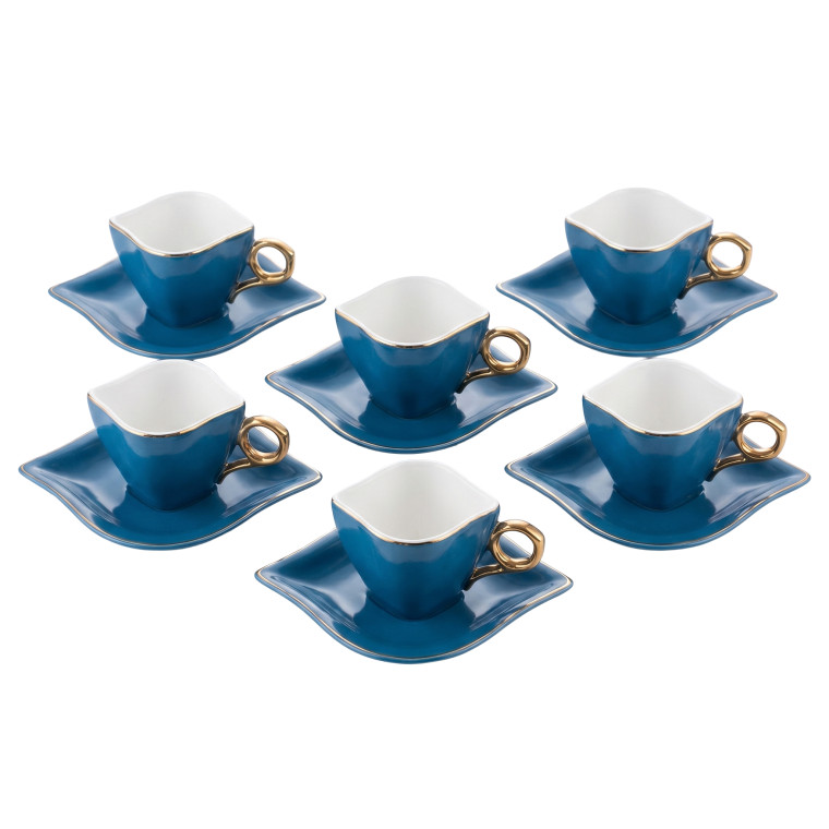 12‑Piece Blue Geometric Cup & Saucer Set – Gold Handle Modern Luxury