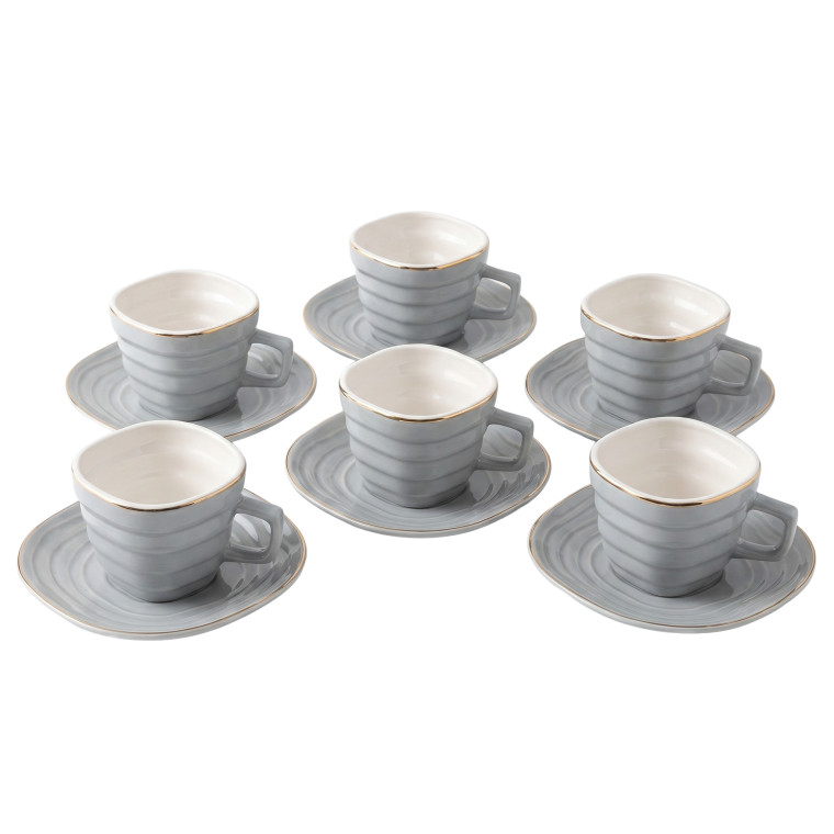 12‑Piece Light Grey Geometric Cup & Saucer Set – Gold Rim Artistic Design