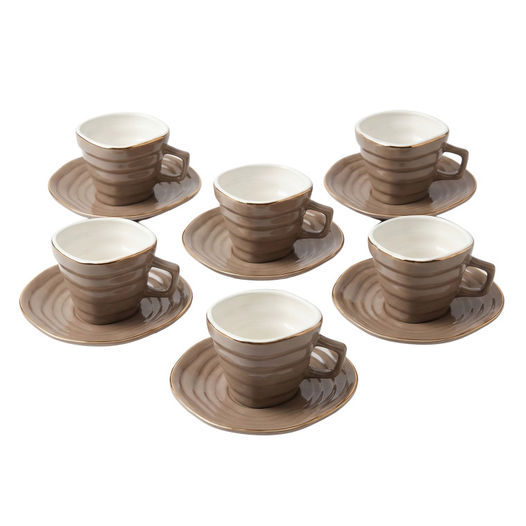 12‑Piece Light Brown Ribbed Cup & Saucer Set – Modern Geometric Design