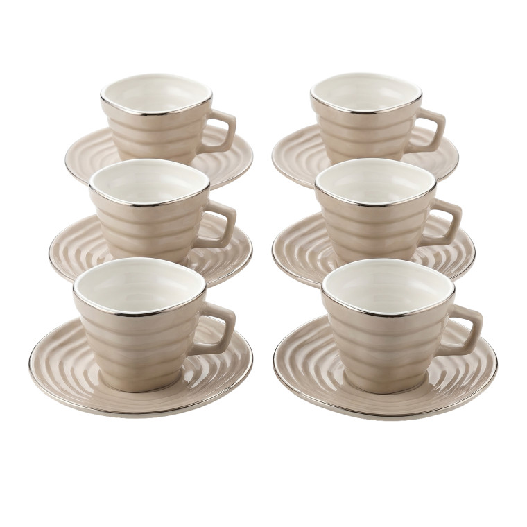12‑Piece Light Beige Wavy Cup & Saucer Set – Handcrafted‑Style Elegant Design