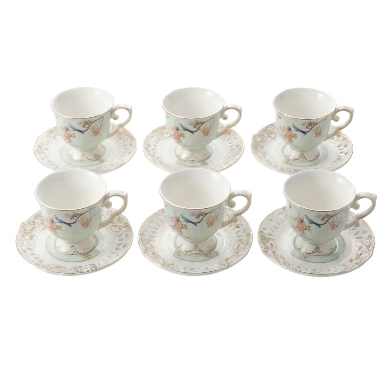 12‑Piece Ornate Porcelain Cup & Saucer Set – Gold Trim Floral Luxury