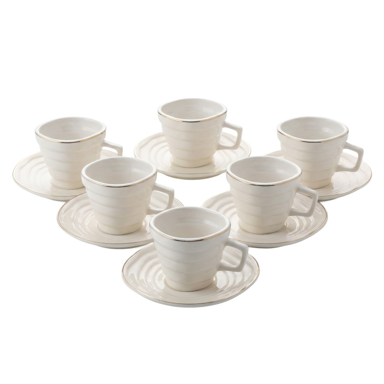 12‑Piece White Ribbed Cup & Saucer Set – Modern Minimalist Design