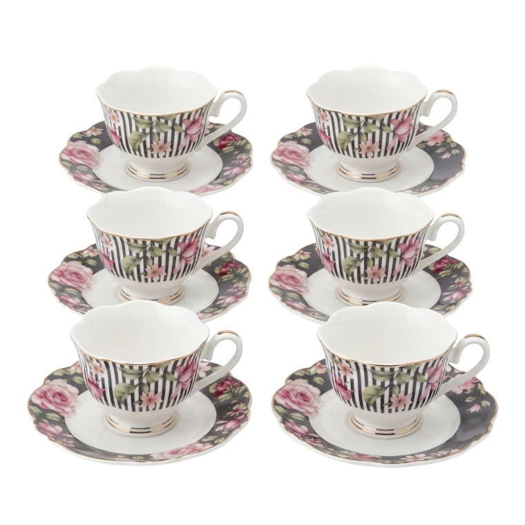 12‑Piece Black & White Striped Floral Porcelain Cup & Scalloped Saucer Set – Vintage Rose Elegance